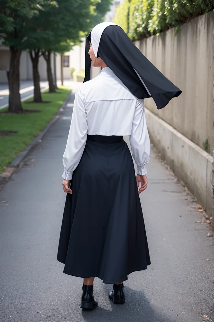 A nun without a veil, black hair curly to the back of the head, wearing navy blue skirt, white undershirt, walking and talking with Jesus with his back turned