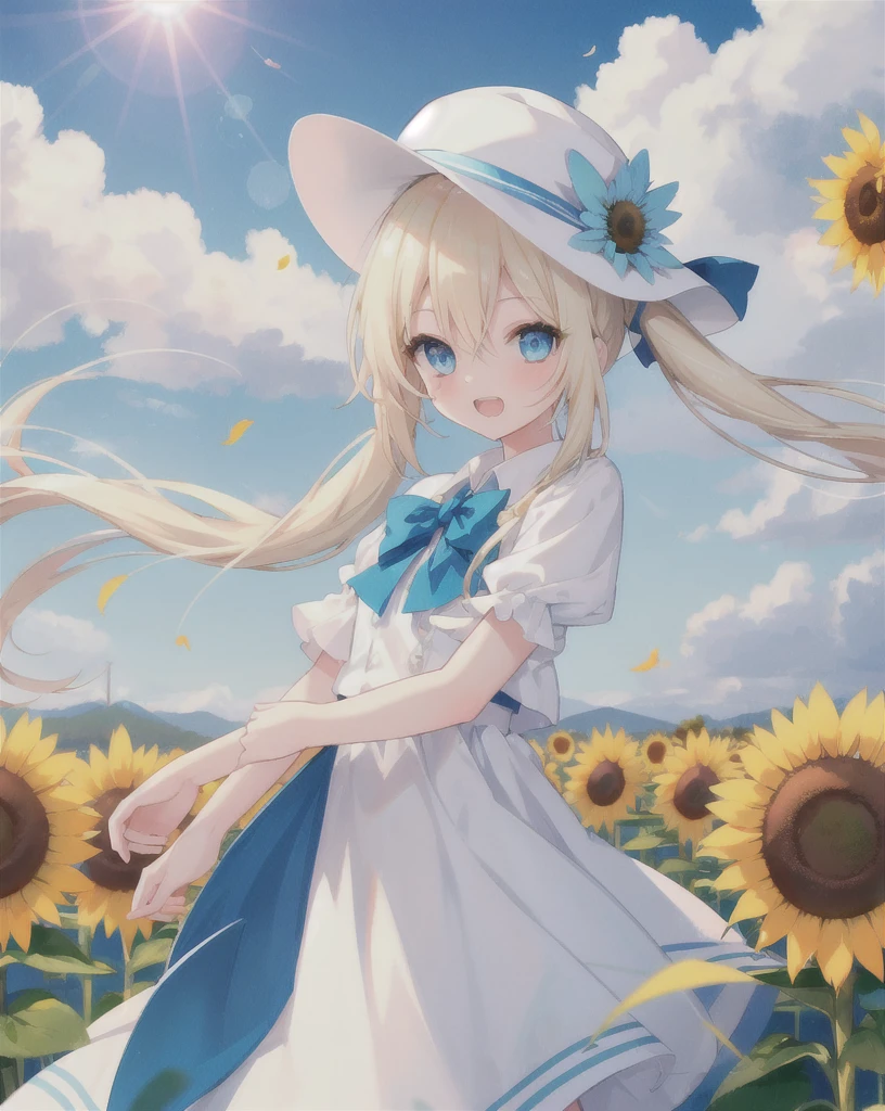 cute ,,solo,wind,pale-blonde hair, blue eyes,very long twintails,white hat,blue sky,laugh,double tooth,,lens flare,dramatic, coastal,
flying petal, flowery field, sky, sun,field, sunflower, masterpiece, best quality,