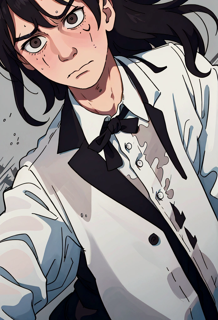 nice boy, Messy hair, expression of dissatisfaction, (dissatisfied face), wrinkled formal clothes, Em uma cidade grande