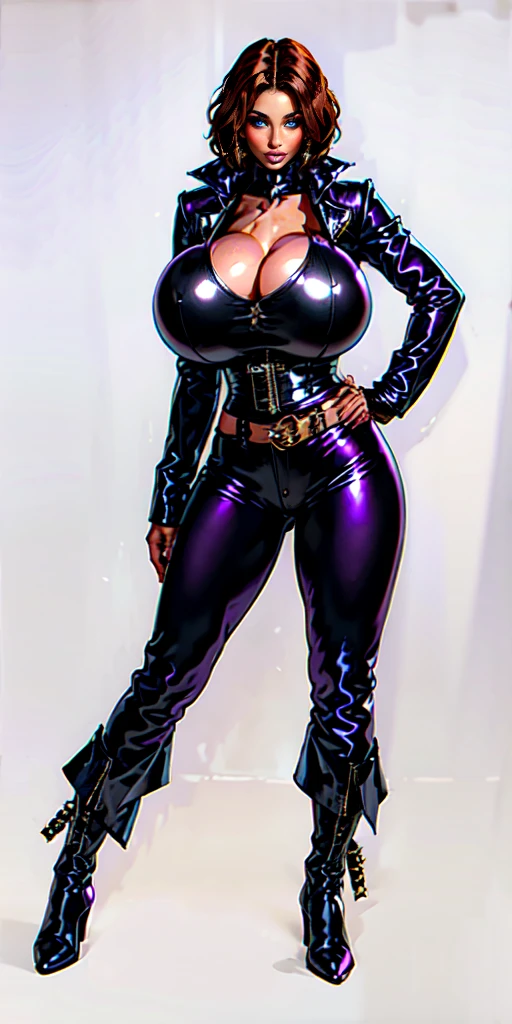 afro women,brown Bob Haircut,dark brown eyes, black leahter Crop jacket, purple latex Corset,big breast, black leater trousers, purple belt,black long boots, standing