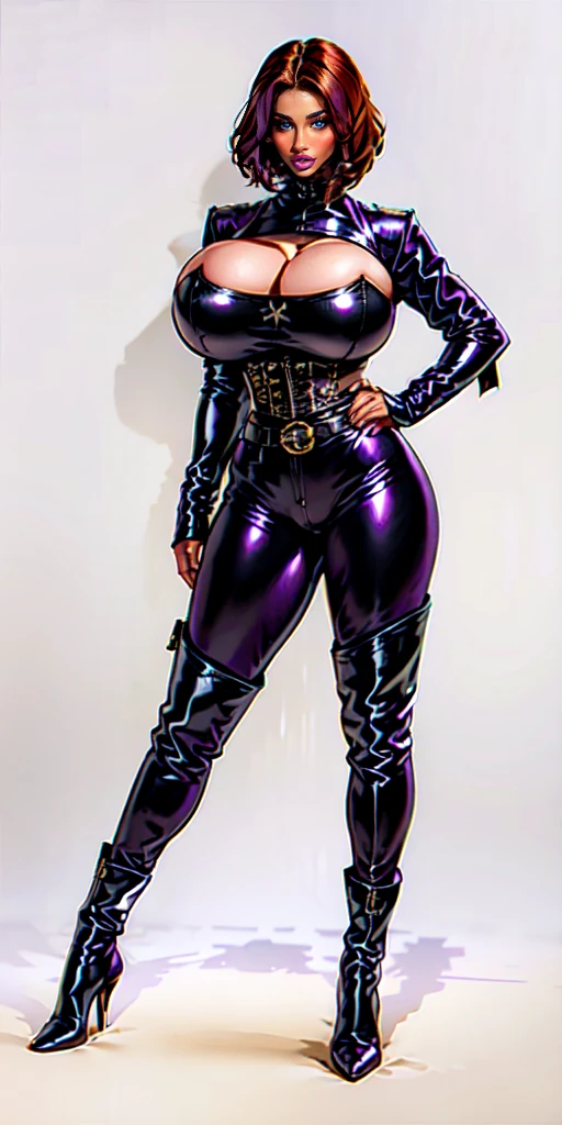 afro women,brown Bob Haircut,dark brown eyes, black leahter Crop jacket, purple latex Corset,big breast, black leater trousers, purple belt,black long boots, standing
