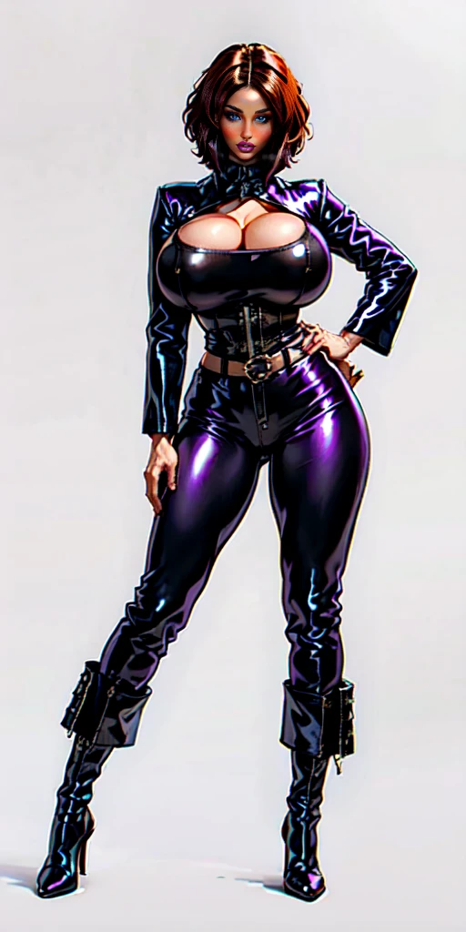 afro women,brown Bob Haircut,dark brown eyes, black leahter Crop jacket, purple latex Corset,big breast, black leater trousers, purple belt,black long boots, standing