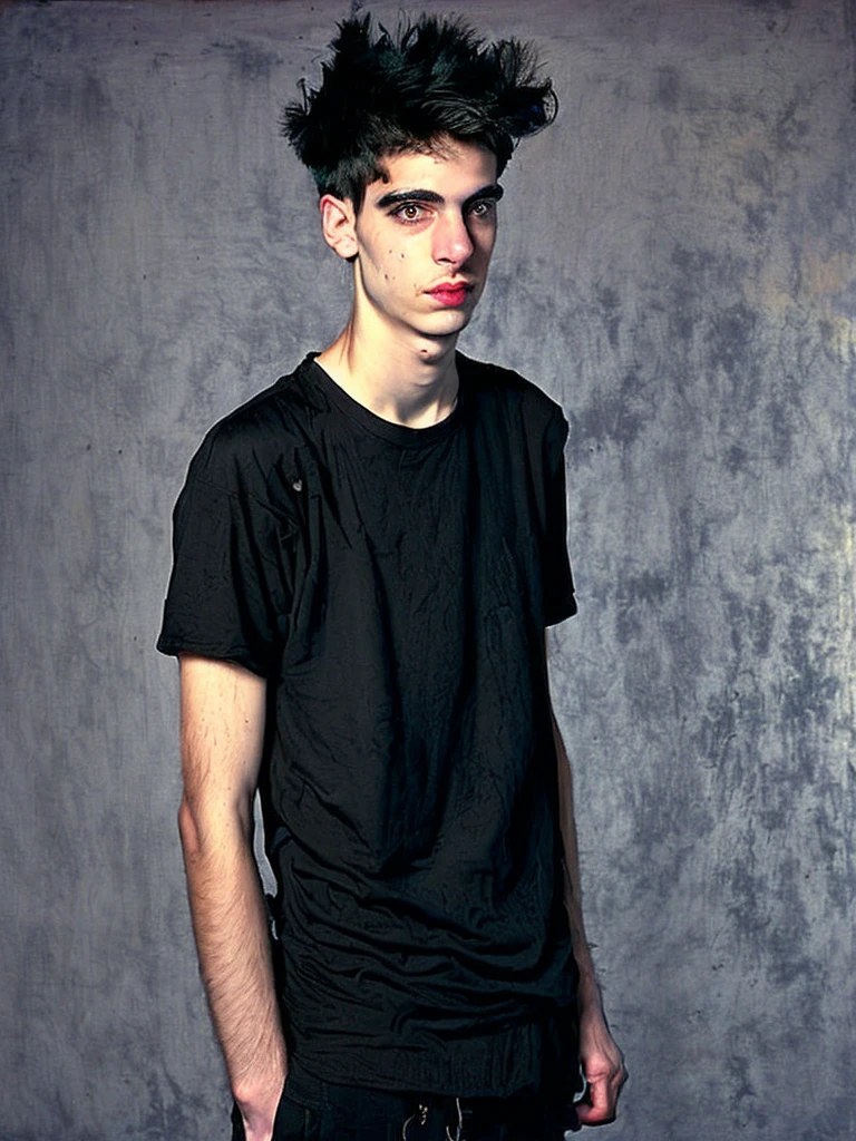 arafed man with a black shirt and a black shirt, frontal picture, his hair is messy and unkempt, androgynous face, boy has short black hair, androgynous person, short hair on top of his head, very very low quality picture, greasy hair, halfbody headshot, around 1 9 years old, with no facial features