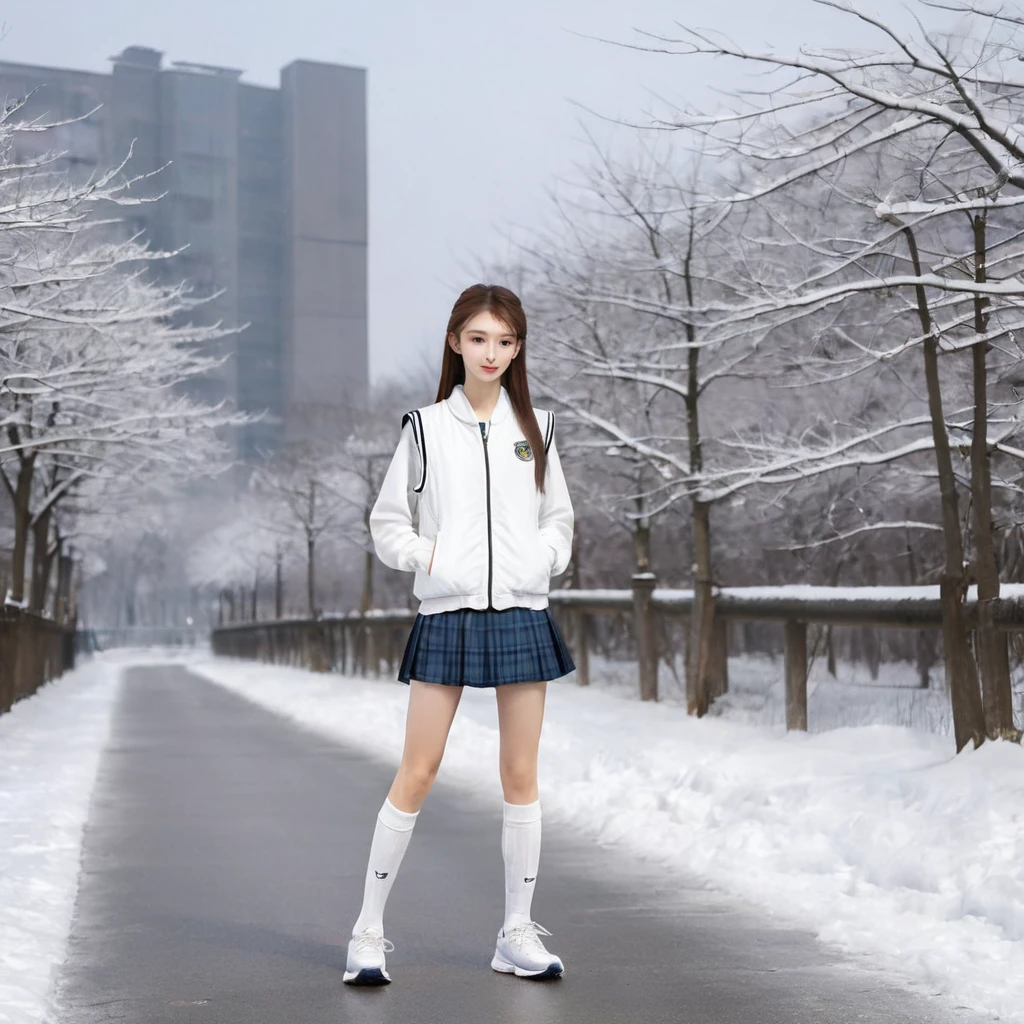 very skinny beautiful girl,,height 167cm,Weight 39kg,Waist 52 cm,wear uniform,mini skirt,white sports socks,running shoes,To the vest line,My legs are very thin,Your skin is very white,outdoor,snow day