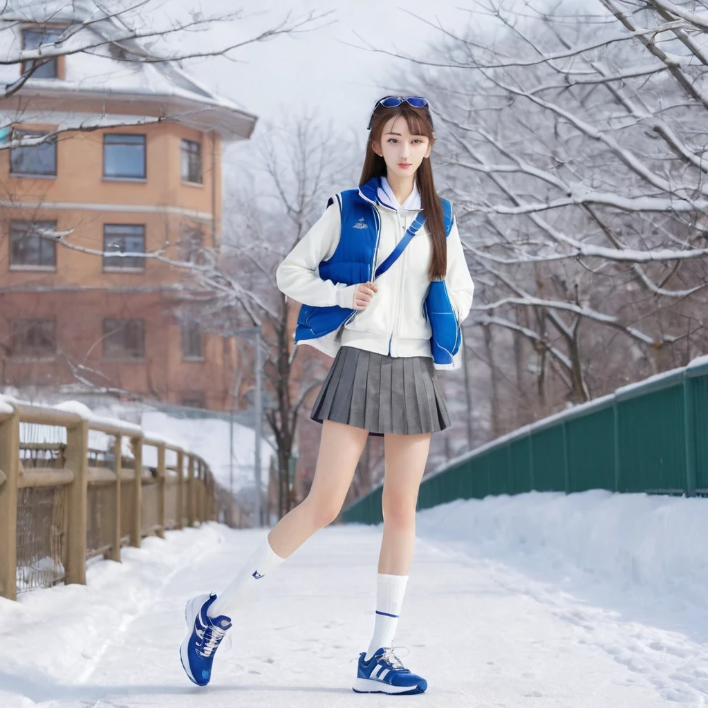 very skinny beautiful girl，16 years old，height 167cm，Weight 39kg，Waist 52 cm，wear uniform，mini skirt，white sports socks，running shoes，To the vest line，My legs are very thin，Your skin is very white，outdoor，snow day