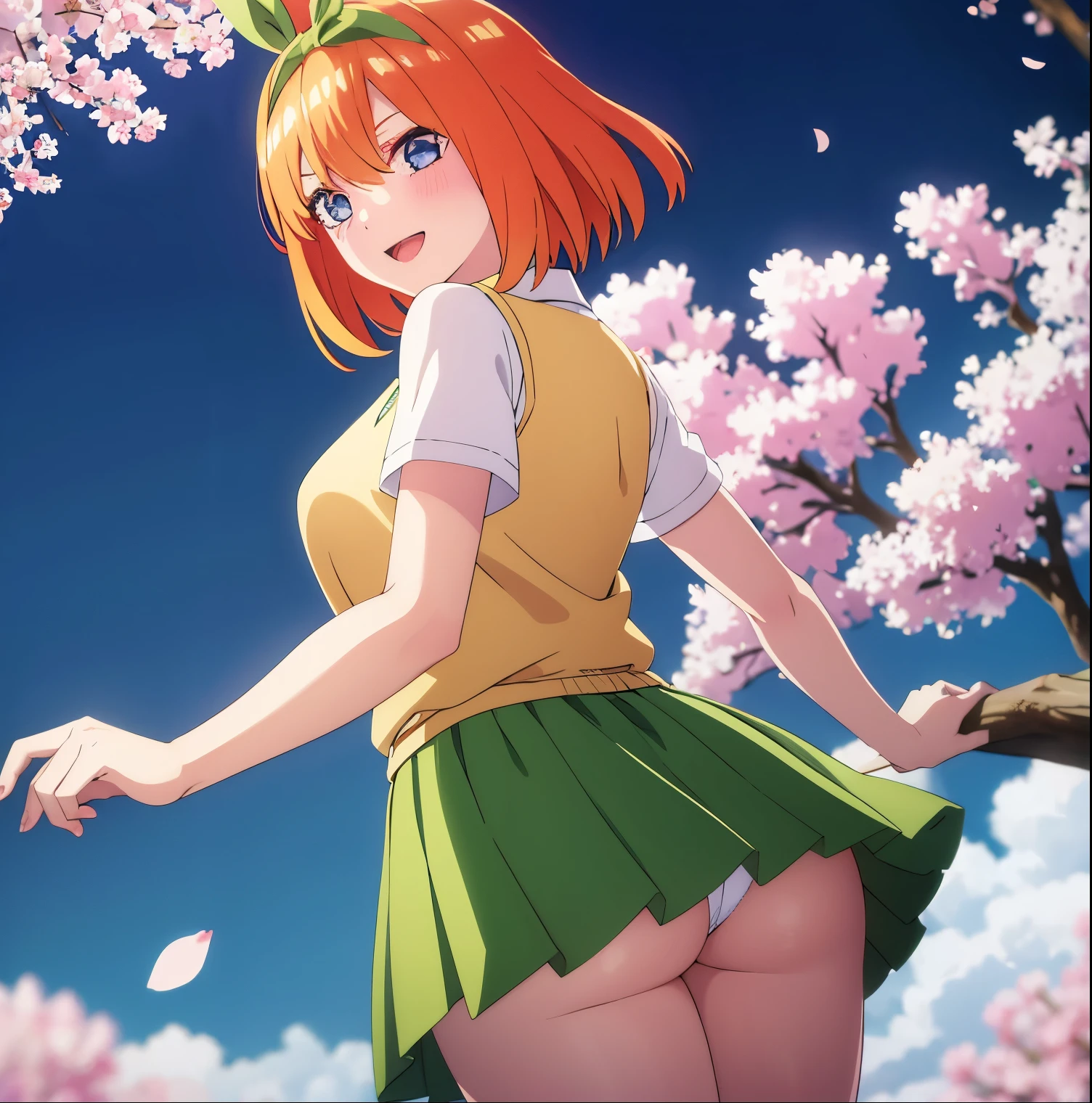 1girl,alone,yotsuba nakano,masterpiece,detailed,looking at viewer,best quality,high resolution,good lighting,Dynamic posture,curvy body,short hair,orange hair,hairband,green ribbon,headband,green bow, collared shirt, vest, yellow sweater, short sleeves, green skirt, green pleated skirt, short skirt, white calf-length dresses, peace sign, smile, ((1girl)),((only)), outdoors ,Japanese park,cherry blossom trees,lake,big breasts,medium waist,wide hips,medium thighs,round butt,standing,looking back,from behind,,focus on butt,pov(from below),perfect anatomy perfect hands