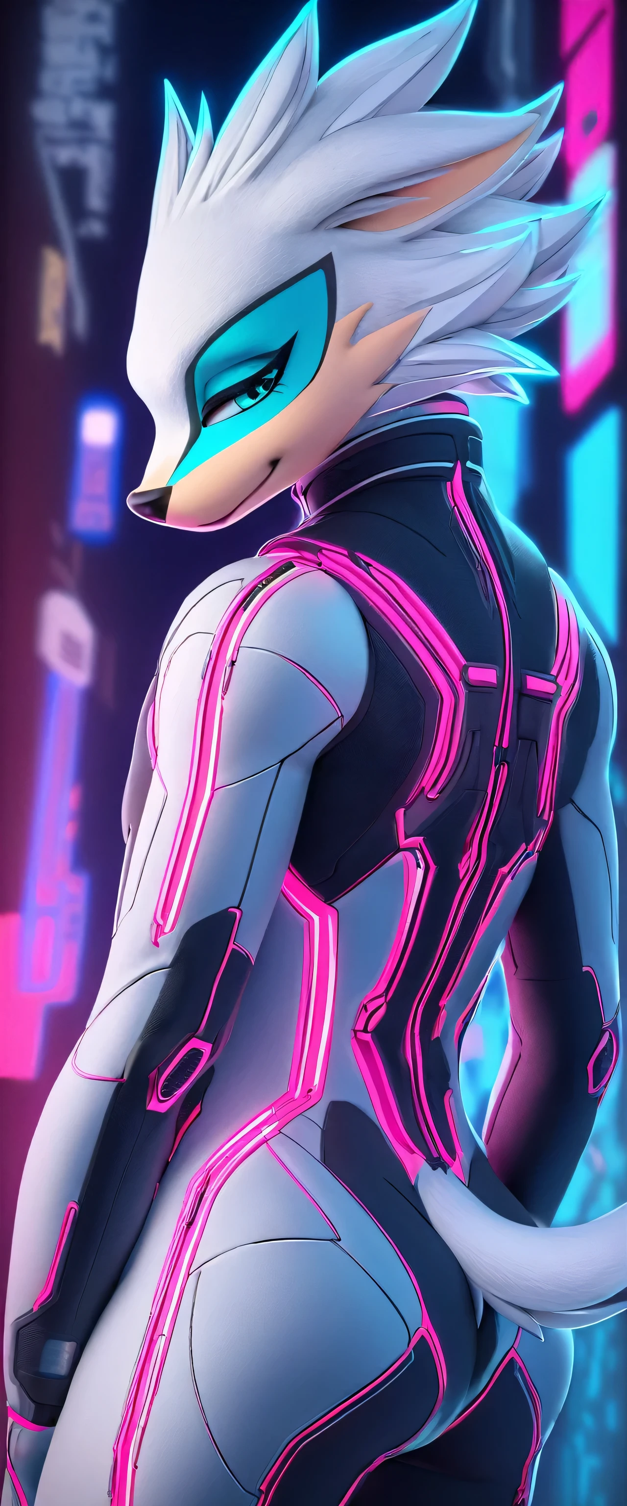 (((masterpiece:1.5, 4K, 8K))), a (((full body))) high quality digitally drawn rendered image from behind, ((by SEGA)) of A solo, slim male anthro ((silver—white hedgehog)), with glowing blue eyes, ((metallic blue eyeliner:1.5)), (((tan muzzle))), wearing a (((sci-fi bodysuit))) stands in a neon-lit cyberpunk city The bodysuit is adorned with (((bright teal coloring:1.5))) with (((neon pink accents:1.4))), and intricate, detailed seams, creating a futuristic look.