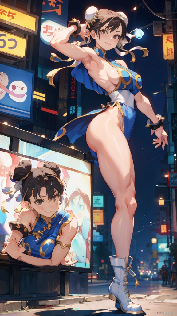 Street fighter chun li smiling, showing armpits and pussy, half naked.(((half naked))) city background, full body, white boots.