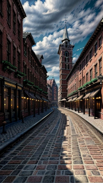 a provincial town in the 19th century, crossroads street,  a bar, a hotel, (best quality,4k,8k,highres,masterpiece:1.2),ultra-detailed,(realistic,photorealistic,photo-realistic:1.37),detailed architecture, cobblestone streets, brick buildings,  wood buildings, ornate facades, steam locomobiles