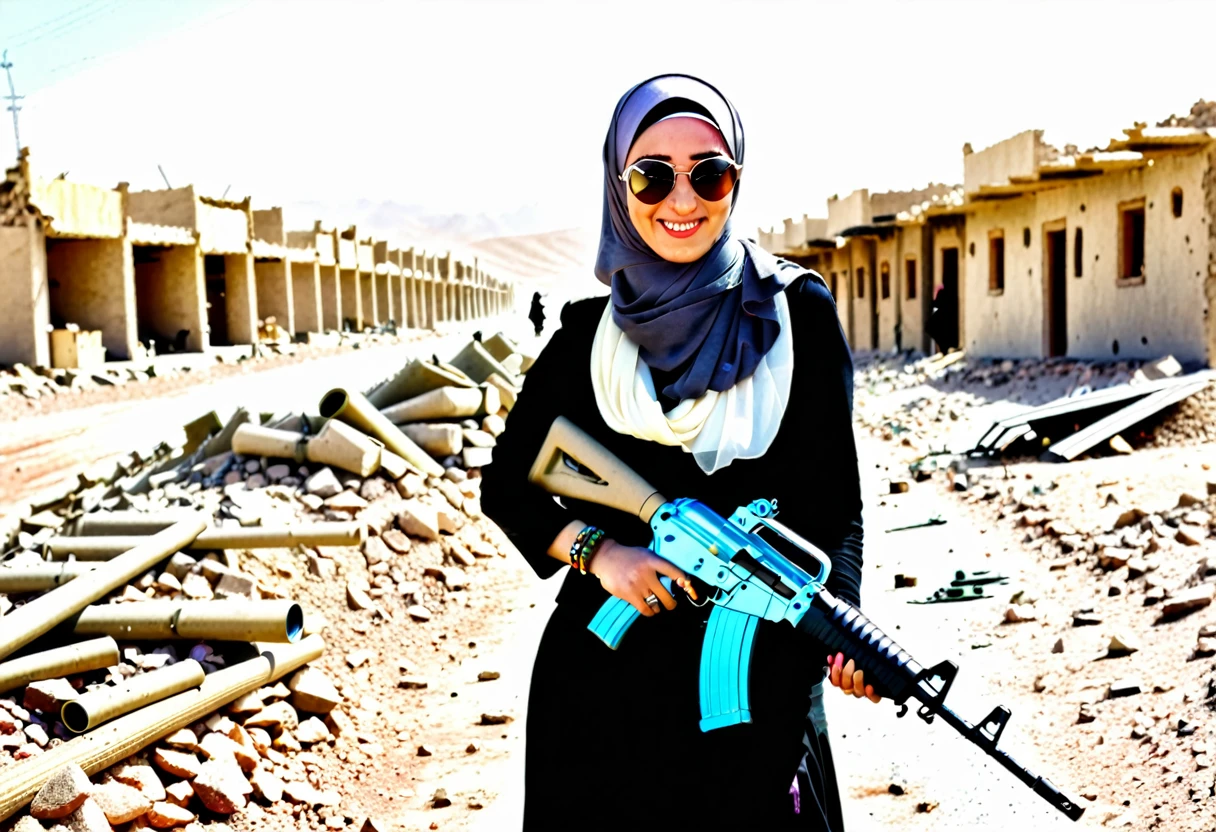 Pale skin Kurdish sunglasses woman in hijab standing in demolished street desert bracelet holding ak 47 rifle smiling 