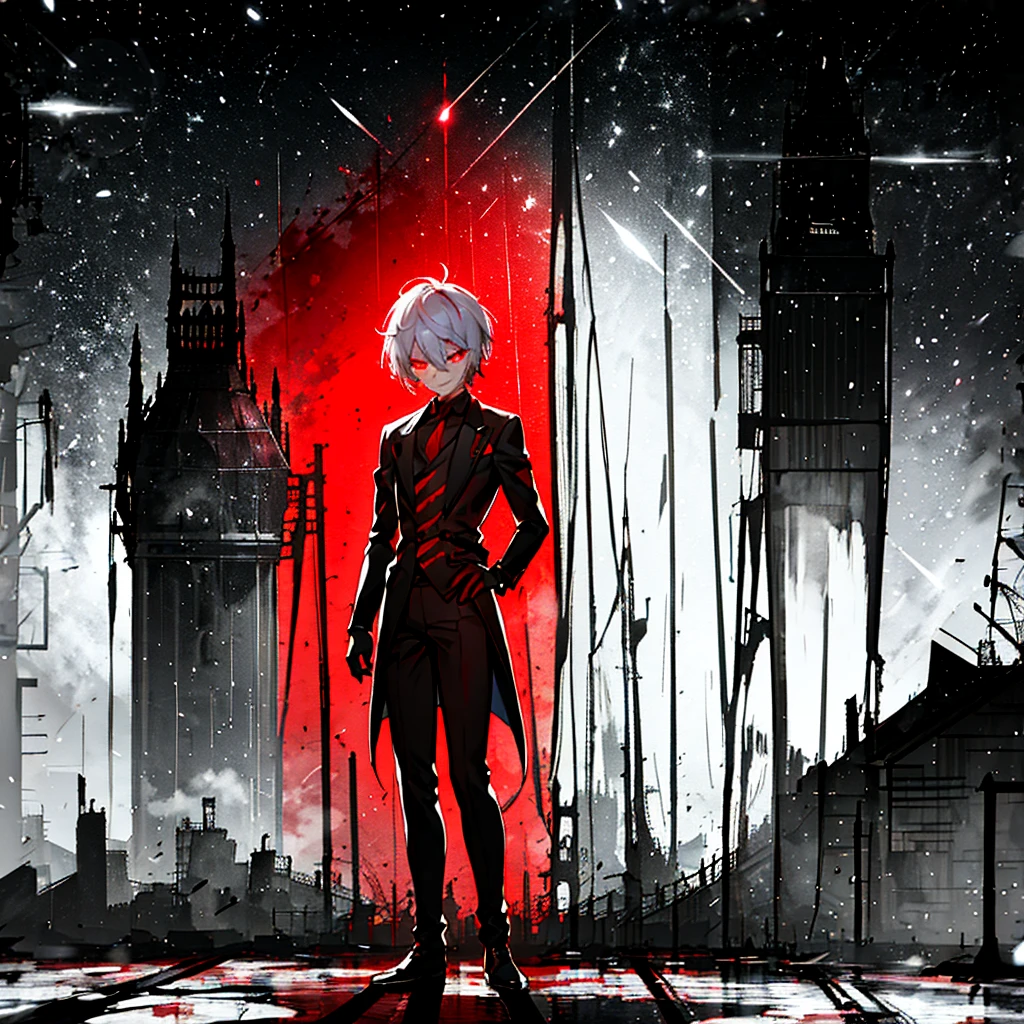 Anime boy with white hair and red eyes looks at the camera, eerie glowing red eyes,Scrawny, dressed in a black outfit,Shadow Body,monochrome,Messy hair,aggressive smile,bad smile