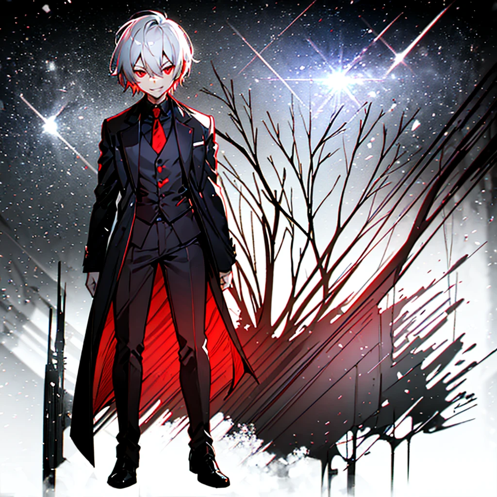 Anime boy with white hair and red eyes looks at the camera, eerie glowing red eyes,Scrawny, dressed in a black outfit,Shadow Body,monochrome,Messy hair,aggressive smile,bad smile
