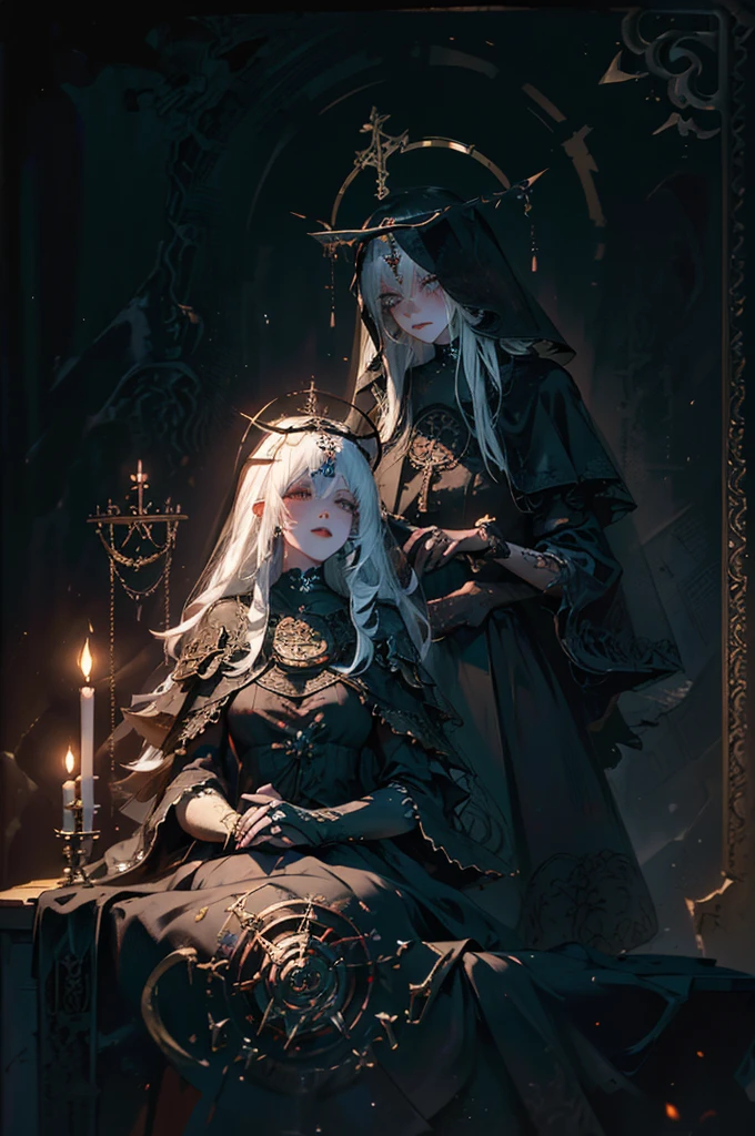 HEZI, Hearthstone, (Masterpiece:1), realistic, ((cinematic lighting)), official art, unity 8k wallpaper, ultra detailed, beautiful and aesthetic, High quality, beautiful, best quality, ((occult symbols)), esoteric, holy divination, fractal patterns, (a sister), a madure 40 years old woman wearing a black translucent veil blind mask, (smile: 0.8), thin and slender, white long hair, black lips, perfect hands, perfect fingers, straight hair, choker, (black clothes), armor, ((Cassock)), capelet, elbow gloves, on side, full body (from below, dutch_angle: 1.1), dutch angle, gothic cemetery, horror, dark_fantasy, dark souls, firekeeper, cleric, grave cleric, dungeon and dragons