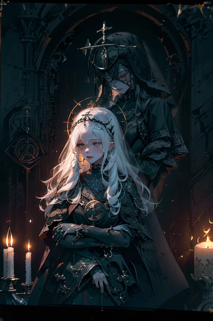 HEZI, Hearthstone, (Masterpiece:1), realistic, ((cinematic lighting)), official art, unity 8k wallpaper, ultra detailed, beautiful and aesthetic, High quality, beautiful, best quality, ((occult symbols)), esoteric, holy divination, fractal patterns, (a sister), a madure 40 years old woman wearing a black translucent veil blind mask, (smile: 0.8), thin and slender, white long hair, black lips, perfect hands, perfect fingers, straight hair, choker, (black clothes), armor, ((Cassock)), capelet, elbow gloves, on side, full body (from below, dutch_angle: 1.1), dutch angle, gothic cemetery, horror, dark_fantasy, dark souls, firekeeper, cleric, grave cleric, dungeon and dragons