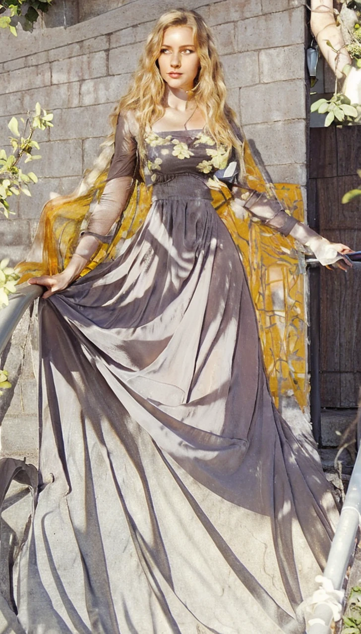 A stunningly lifelike 32-year-old woman with blonde hair, red eyes and beautifull face. Detailed face, big red eyes, walking down in the stairs and touch the stairs arm, blue victorian perfect dress