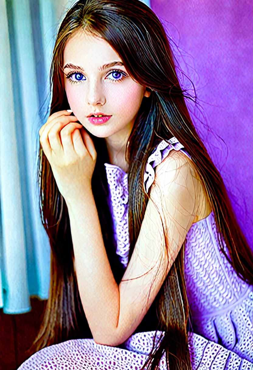 A brunette girl  with long hair, white skin, height 160 and violet eyes in a dress