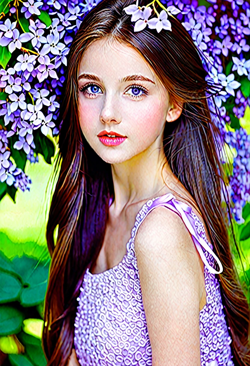 A brunette girl 16 years with long hair, white skin, height 160 and violet eyes in a dress