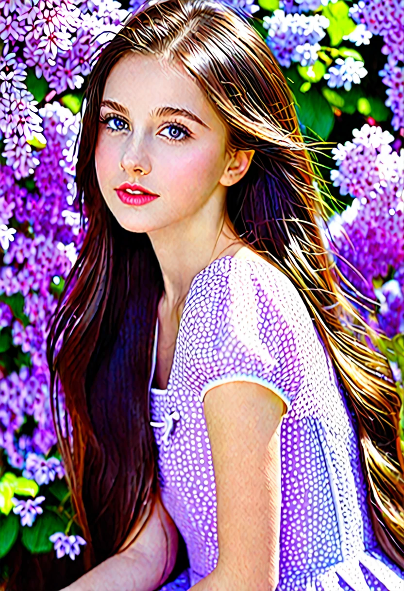 A brunette girl 16 years with long hair, white skin, height 160 and violet eyes in a dress