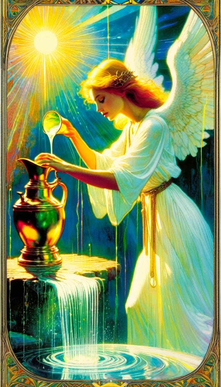 ((tarot card)) TEMPERANCE ((card frame)), angelic woman pours water from a jug, alone, work by Bill Sienkiewicz, vivid colors, intricate details, oil.