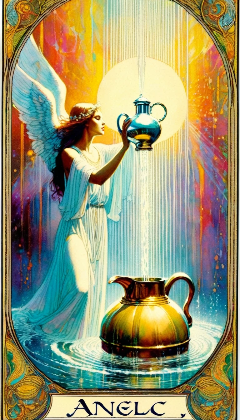 ((tarot card)) TEMPERANCE ((card frame)), angelic woman pours water from a jug, alone, work by Bill Sienkiewicz, vivid colors, intricate details, oil.