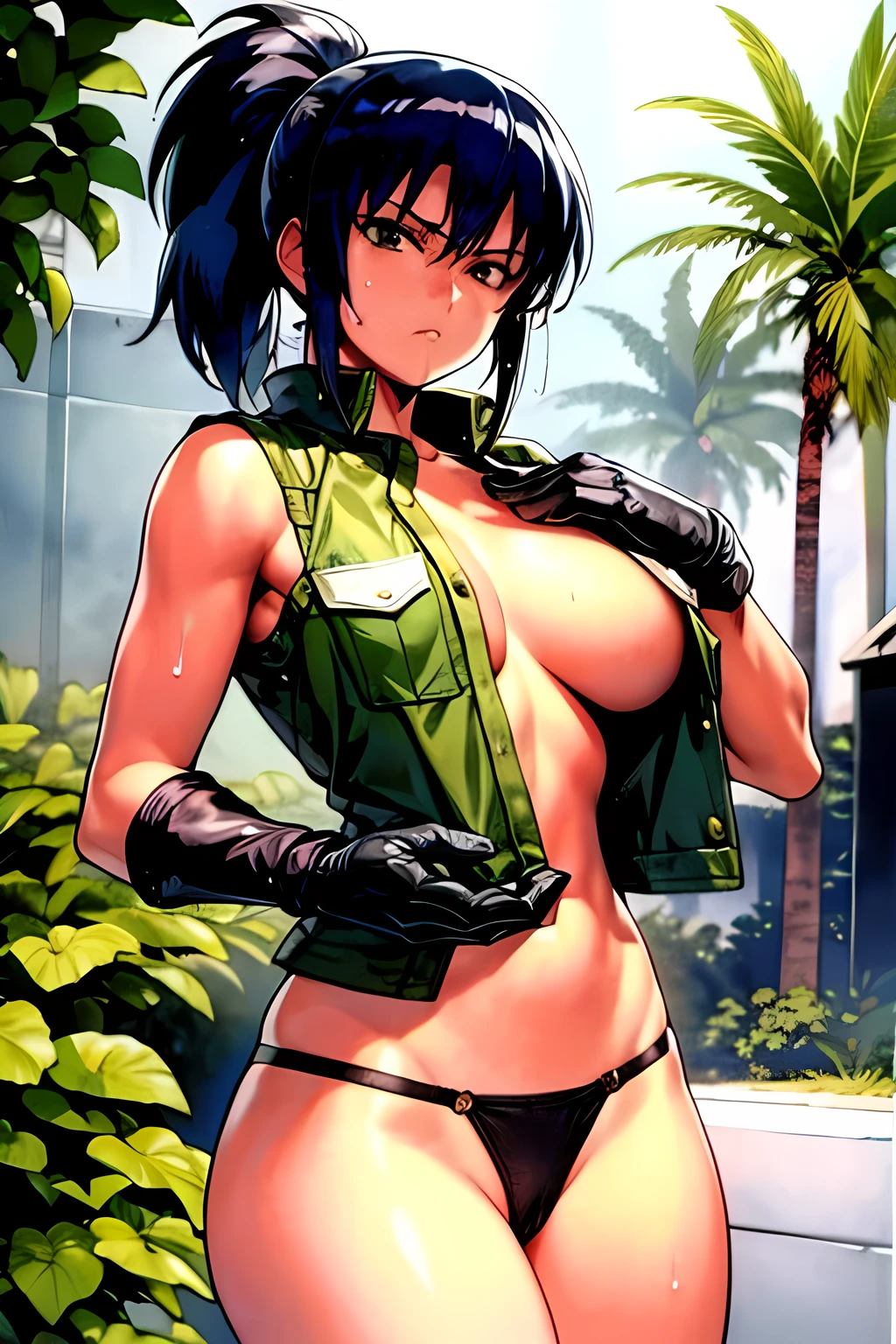 masterpiece, best quality, anime 1990s \(style\, leona heidern, naked chest, fully open vest, thong, panty ,jungle, army, pony tail, wet, serious, soldier, gloves,