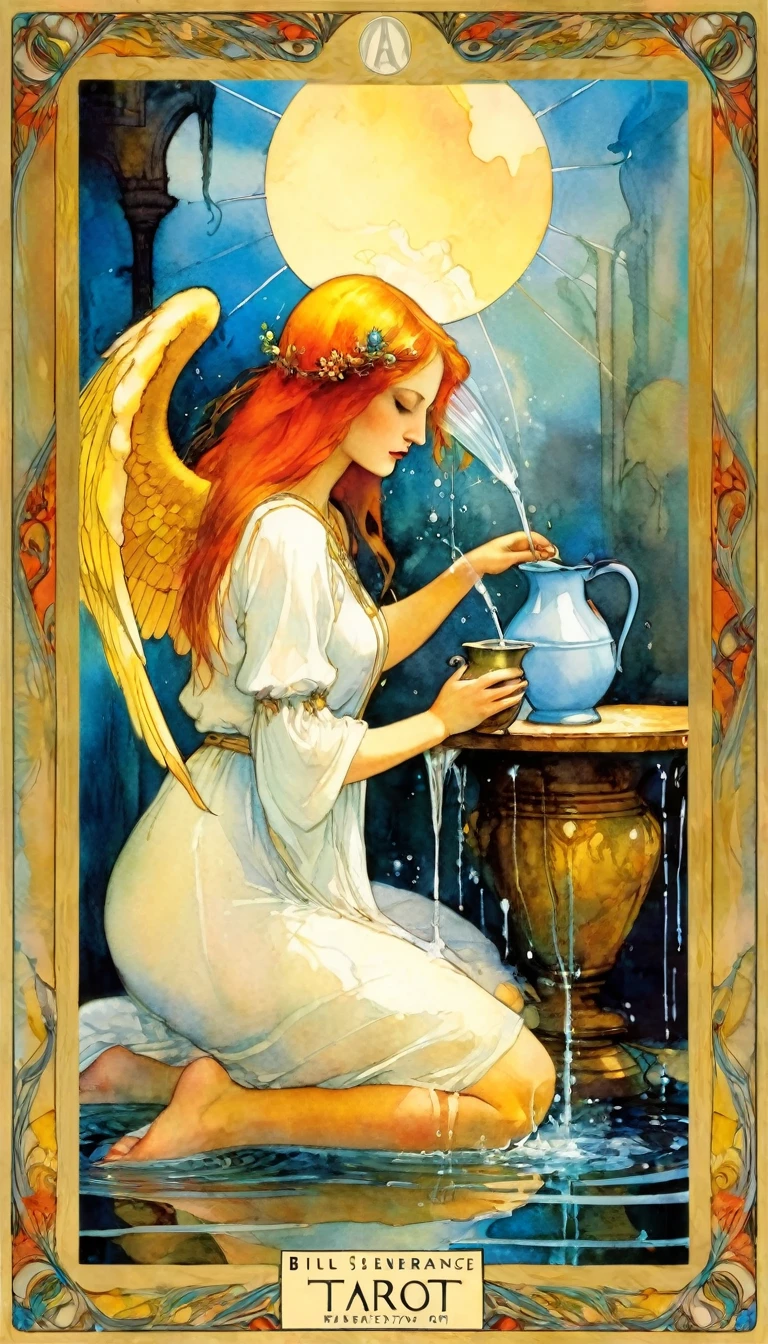((tarot card)) TEMPERANCE ((card frame)), angelic woman pours water from a jug, alone, work by Bill Sienkiewicz, vivid colors, intricate details, oil.