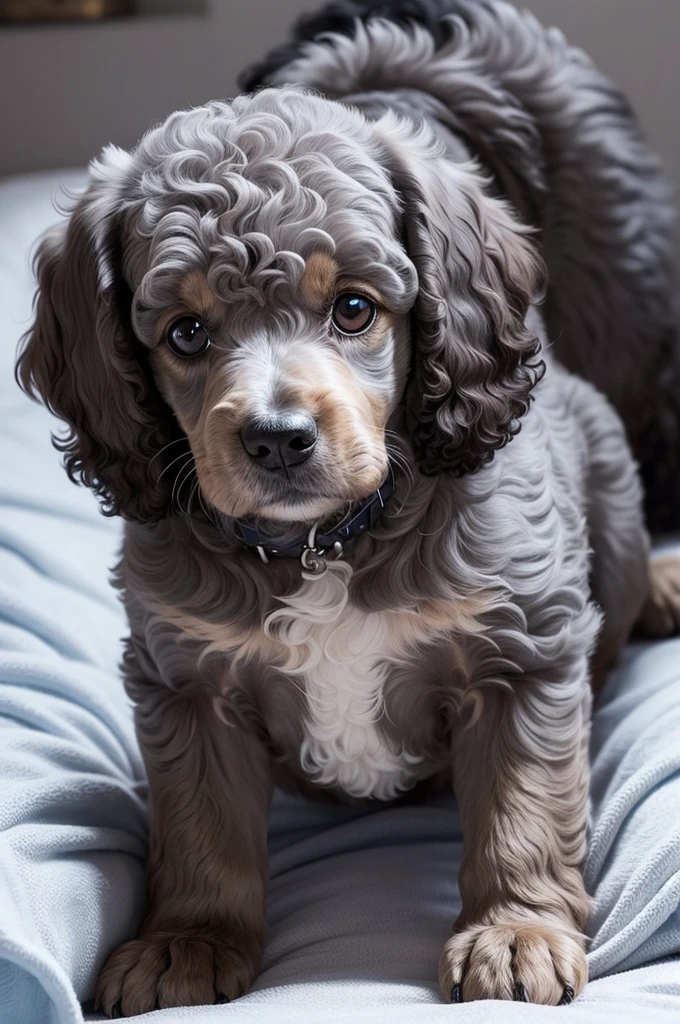 I would like a poodle dog mixed with a mutt lying on a bed that has a white blue and yellow checkered blanket. This dog has to be black and a little gray. He is cute and small.