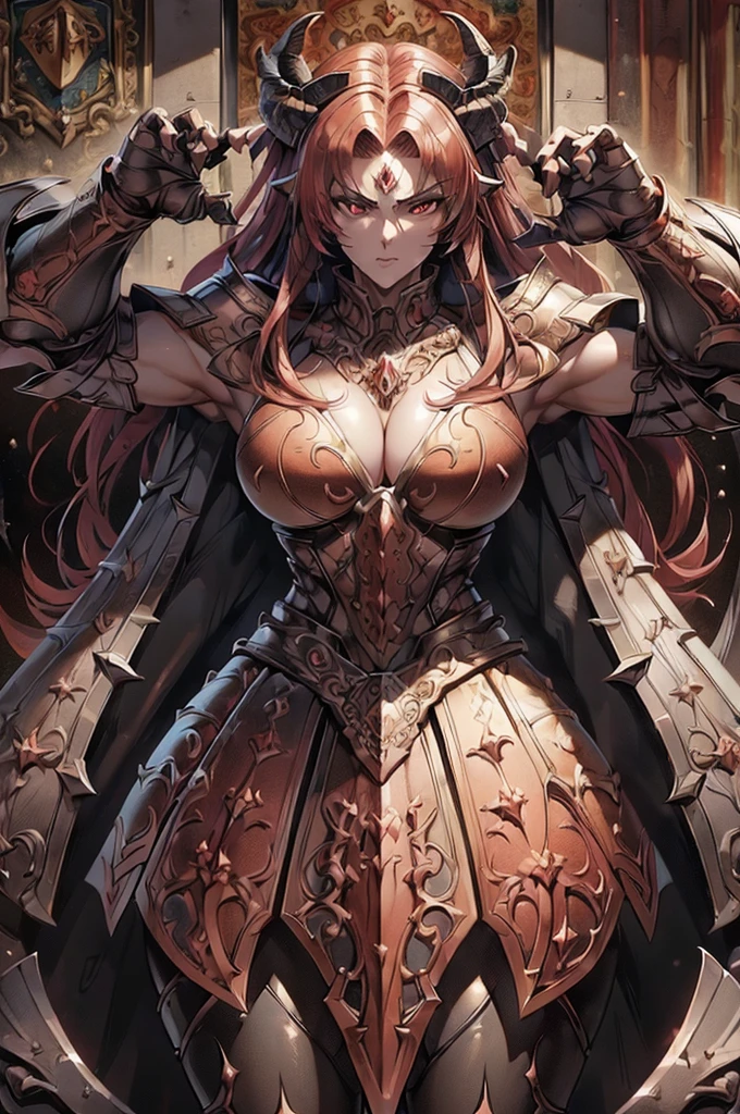 masterpiece, UHD, ((extremely detailed)), ((revealing battle suit:1.3)), (black battle suit:1.2), large beautiful breast, exposed breasts, ((sharp jawline)), slightly opened mouth, ((serious expression)), (extremely detailed face), battle stance, weapons in hands, ((clear hands)), ((detailed hands)), (holding weapon in hands), ((battle stance pose:1.3)), (war background:1.2), war going on in the background, ((detailed soldier:1.2)), looking at the viewer, front view, historical, dynamic pose, (dynamic battle stance), sole girl, 1girl, ((exposed cleavage)), red hair, red beautiful hair, detailed red hair,8K,beautiful mature female demon, three horns, cruel smile, red skin, Sexy fire-shaped chest armor, wreath wrapped in fire, (fiery eyes:1.2), tempt me, take your soul, Underworld earth background, (masterpiece), (realistic:1.4), RAW, highest quality, ultra high resolution, rich colors, Backlight, cinematic lighting, film grain, RAW, 50mm lens, Nikon D850, warm colors,super realistic skin,inside a dark dungeon,very big breasts,depiction looking down from above,red mohawk hair,(Masterpiece, ultra detailed: 2), (best quality: 2), (beautiful woman: 2), (beautiful face: 2), viking warrior woman, muscles, very big breass, sexy,(1 girl), (megan fox:1.25), Beautiful vampire girl dressed in ornate medieval vampiric full body armor, (pure white skin:1.25), (perfect fingers:1.24), (extreme muscular definition:1.5), (vampiric body armor:1.25), (huge muscular arms:1.5,) (10-pack abs:1.4), (lots of veins:1.25), Ultra Realistic, Very detailed face and eyes, a true masterpiece, with an atmosphere of horror, gothica, blood, haunted cathedrals