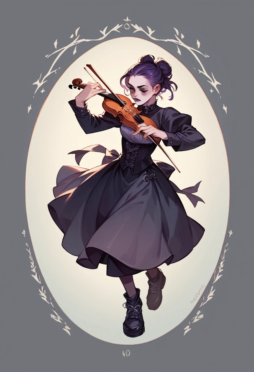 a gothic bard, there is a purple stand behind him that is playing the violin