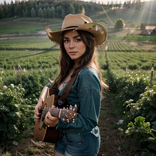 Kale, beautiful girl, cowboy hat, funny fingers, Make-up natural, in a body-hugging outfit, colors, plays guitar, field with lights, hyper detail, mystical light full body light, farm, farm, with animals.