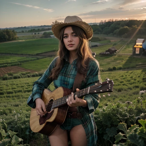 Kale, beautiful girl, cowboy hat, funny fingers, Make-up natural, in a body-hugging outfit, colors, plays guitar, field with lights, hyper detail, mystical light full body light, farm, farm, with animals.