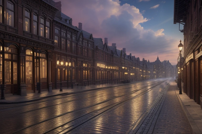 a provincial town in the 19th century, crossroads street,  a bar, a hotel, (best quality,4k,8k,highres,masterpiece:1.2),ultra-detailed,(realistic,photorealistic,photo-realistic:1.37),detailed architecture, cobblestone streets, brick buildings,  wood buildings, ornate facades, steam locomobiles