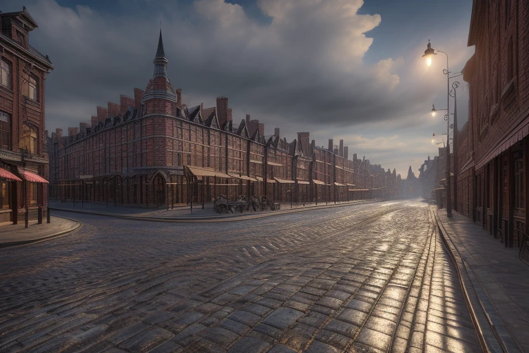 a provincial town in the 19th century, crossroads street,  a bar, a hotel, (best quality,4k,8k,highres,masterpiece:1.2),ultra-detailed,(realistic,photorealistic,photo-realistic:1.37),detailed architecture, cobblestone streets, brick buildings,  wood buildings, ornate facades, steam locomobiles
