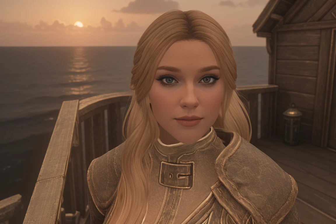 closeup shot of a stunning female Breton maiden stands poised on the weathered deck of a majestic ship at sunset in Skyrim. Her porcelain skin glows softly, illuminated by the warm rays of the rising sun. Delicate features and raven tresses frame her enigmatic smile as she gazes out to sea, the wind gently tousling her locks, blonde hair,female breton