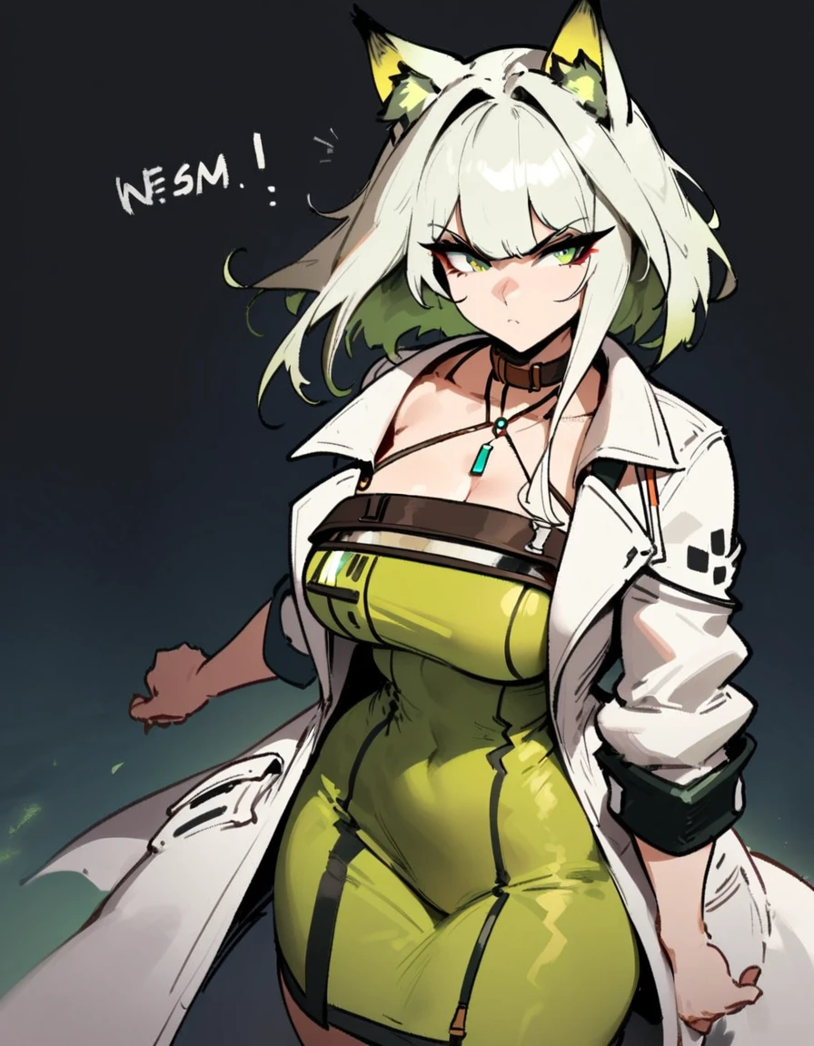 1girl, kal'tsit \(arknights\), arknights \\\\\ masterpiece, best quality, very aesthetic, absurdres, newest \\\\\\ slim body,///// ,by nyantcha,cutesexyrobutts , by khyle,,////// ,,,, , ,,detailed face, , ,, , , , , beautiful face, (white background:1.2), , sexy, , serious.angry, green eyes, animal ears, , ,,,big tits,),  in the center of the frame,,, ,wears a lab coat, ,full body ,  solo