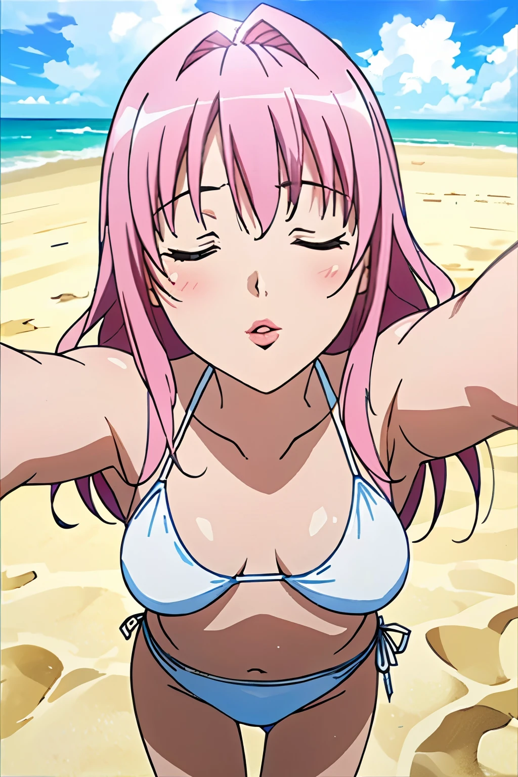 (Highest quality、Tabletop、8K、Best image quality)、One woman、(Anime illustration:1.3)、(beautiful, Shine, Pure white skin:1.3)、Brown Hair、(light pink bikini:1.2)、(Very bright and clear sea:1.2)、 Shine明るい海、澄んだbeautiful海、Very clear sea、(beautiful Hiroshi々Standing on the beach:1.1)、beautiful surf edge、(Bright sunny blue sky:1.1)、(beautiful and bright cumulonimbus clouds:1.1)、(very bright and vivid:1.2)、(Super bright and Shine skin:1.1)、(Ultra-high resolution, 明るくbeautiful色白美肌:1.3)、Ultra HD Hair、Ultra-high resolution sparkling eyes、Natural Makeup、Accentuate your body lines、(Very 明るくbeautiful肌:1.1)、(Big Breasts:1.1)、(Slender body:1.1)、(Very small waist:1.1)、(Perfect Anatomy:1.1)、(Close-up of face:1.2)、(Take a selfie with open arms:1.3)、(Close your eyes and kiss me:1.5)、(Fully closed lips:1.2)