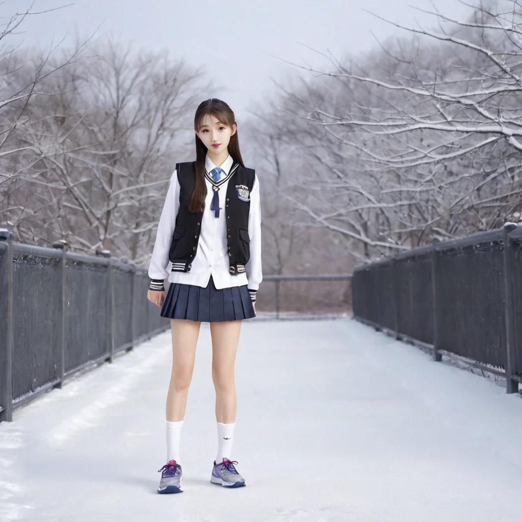 very skinny beautiful girl，16 years old，height 167cm，Weight 39kg，Waist 52 cm，wear uniform，mini skirt，white sports socks，running shoes，To the vest line，My legs are very thin，Your skin is very white，outdoor，snow day