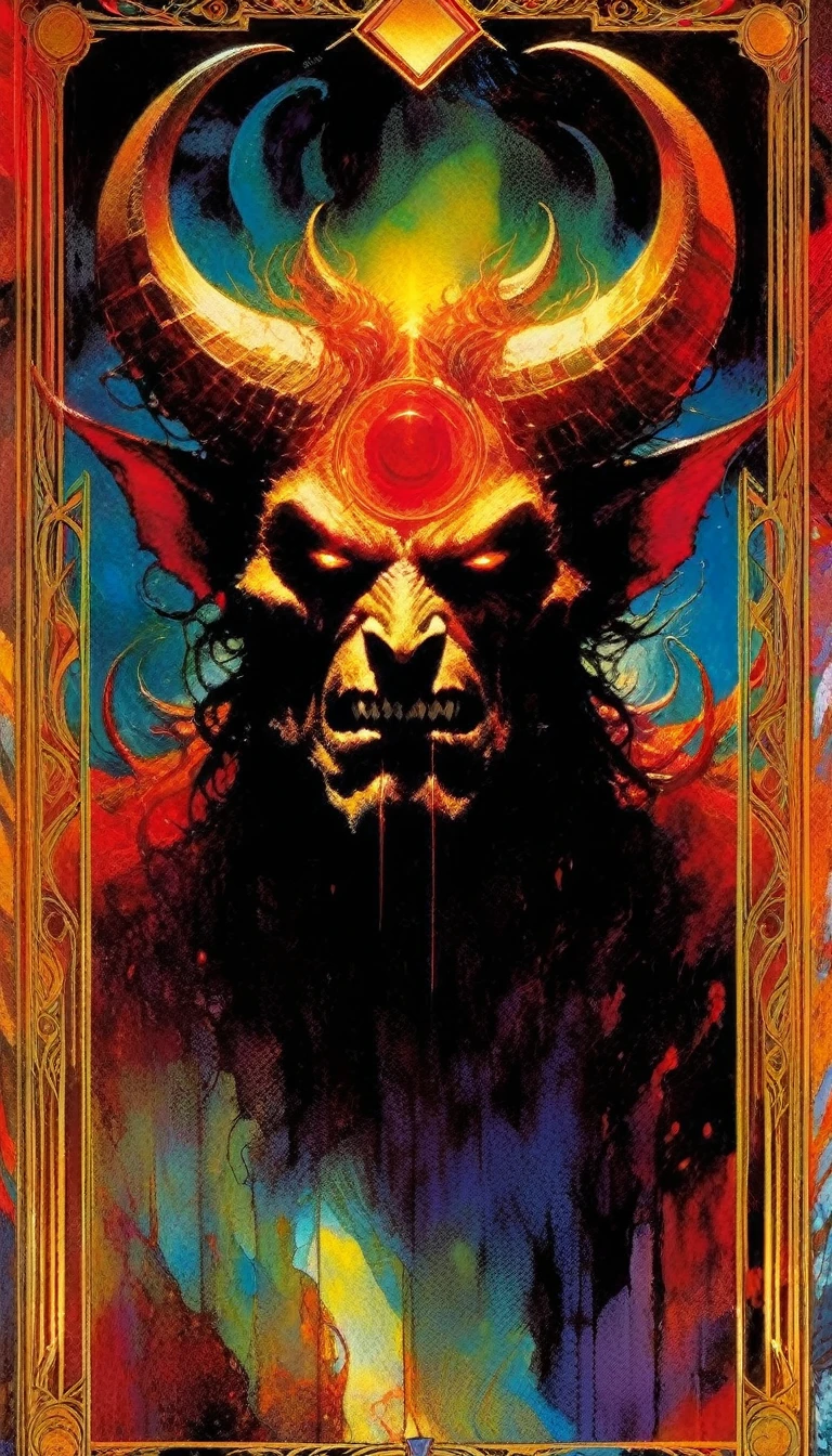 ((tarot card)) THE DEMON ((card frame)), , work by Bill Sienkiewicz, vivid colors, intricate details, oil.