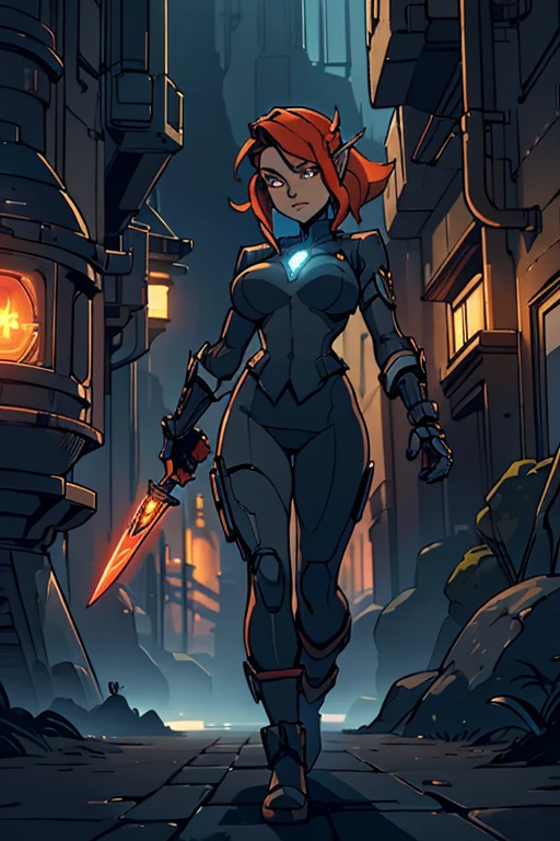 Niji mode.  Full body, vampire elf wizard, secret agent, wearing a thin and elegant suit with glowing magic circuits, holding a long sword with glowing magic carvings and long handle, technological boot with glowing magic circuits, ruby ​​eyes, dark red hair, orange skin , bright red tattoos, ruby ​​piercings, looking at the viewer, detailed face.  Atompunk, android, cyborg, mechanical parts with magic stones, magic glowing eyes, advanced technology mixed with magic, magic circuits, gears made of magic materials, developed by Technological Magic.  Walking in the middle of a magical atompunk metropolis mixing technology and vegetation, particle effects, wide and deep scenery, with multiple planes of depth, cinematic and dynamic scene with a sense of movement, view of magical bright lights reflecting the scene, stylish pose, aura lights, glowing technological cables, epic atmosphere, magic tools, old anime style, Studio ghibli, metal hurlant, artbook, RPG fantasy.