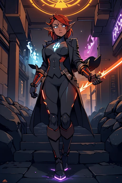 Niji mode. Full body, vampire elf wizard, secret agent, wearing a thin and elegant suit with glowing magic circuits, holding a long sword with glowing magic carvings and long handle, technological boot with glowing magic circuits, ruby eyes, dark red hair, orange skin , bright red tattoos, ruby piercings, looking at the viewer, detailed face. Atompunk, android, cyborg, mechanical parts with magic stones, magic glowing eyes, advanced technology mixed with magic, magic circuits, gears made of magic materials, developed by Technological Magic. Walking in the middle of a magical atompunk metropolis mixing technology and vegetation, particle effects, wide and deep scenery, with multiple planes of depth, cinematic and dynamic scene with a sense of movement, view of magical bright lights reflecting the scene, stylish pose, aura lights, glowing technological cables, epic atmosphere, magic tools, old anime style, Studio ghibli, metal hurlant, artbook, RPG fantasy.