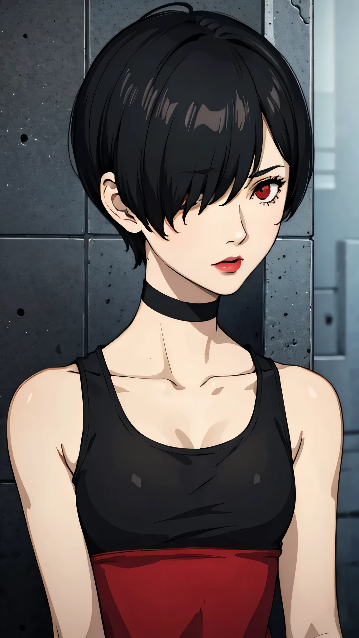 1 girl, milf, Red eyes, very Short hair, hair over one eye, black choker, lipstick, sad, black hair, tomboy Pixie haircut, tomboy Pixie haircut, tank top, portrait 