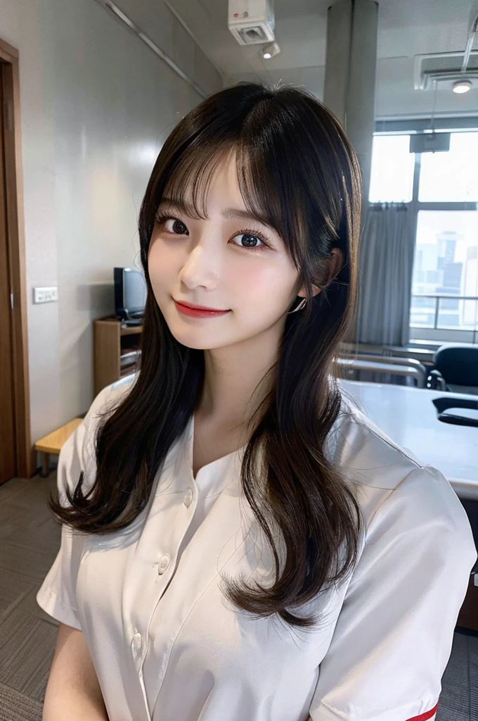 最high quality,Very detailed,finely,High resolution,8K壁紙,Perfect dynamic composition,Young Japanese Woman,Age 25, Black Hair, thin, 4K, 8K, high quality, beauty, smile, Beautiful Eyes, Characterized by simplicity, High resolution,1 person,Japanese Idols,Large Breasts,whole body,Drawn angle of view,nurse,nurse,hospital