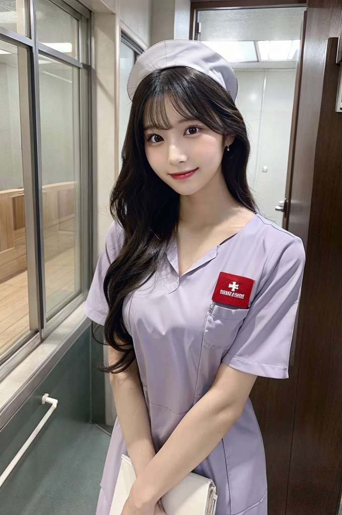 最high quality,Very detailed,finely,High resolution,8K壁紙,Perfect dynamic composition,Young Japanese Woman,Age 25, Black Hair, thin, 4K, 8K, high quality, beauty, smile, Beautiful Eyes, Characterized by simplicity, High resolution,1 person,Japanese Idols,Large Breasts,whole body,Drawn angle of view,nurse,nurse,hospital