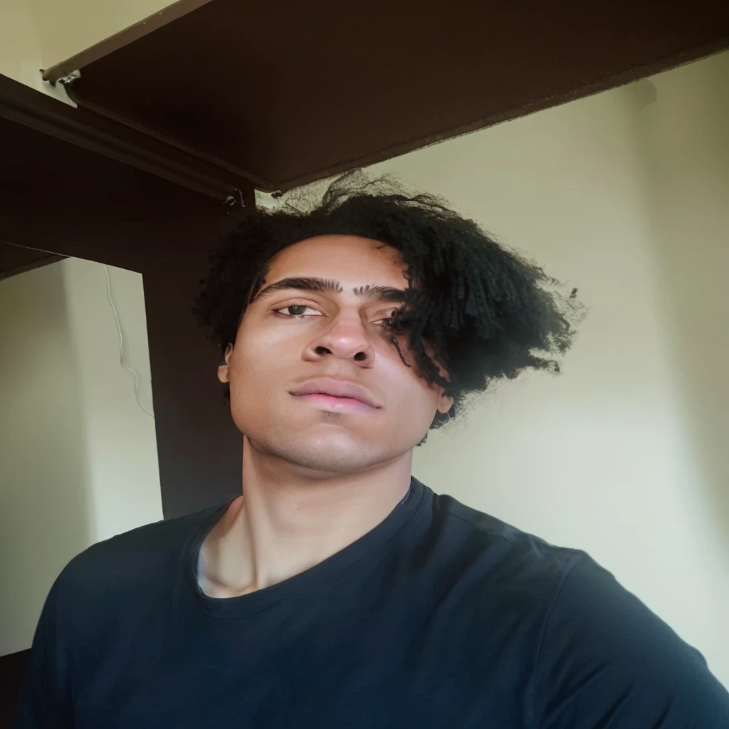 young man with a black t-shirt, seen from the side, in a sci-fi environment, and the neutral background