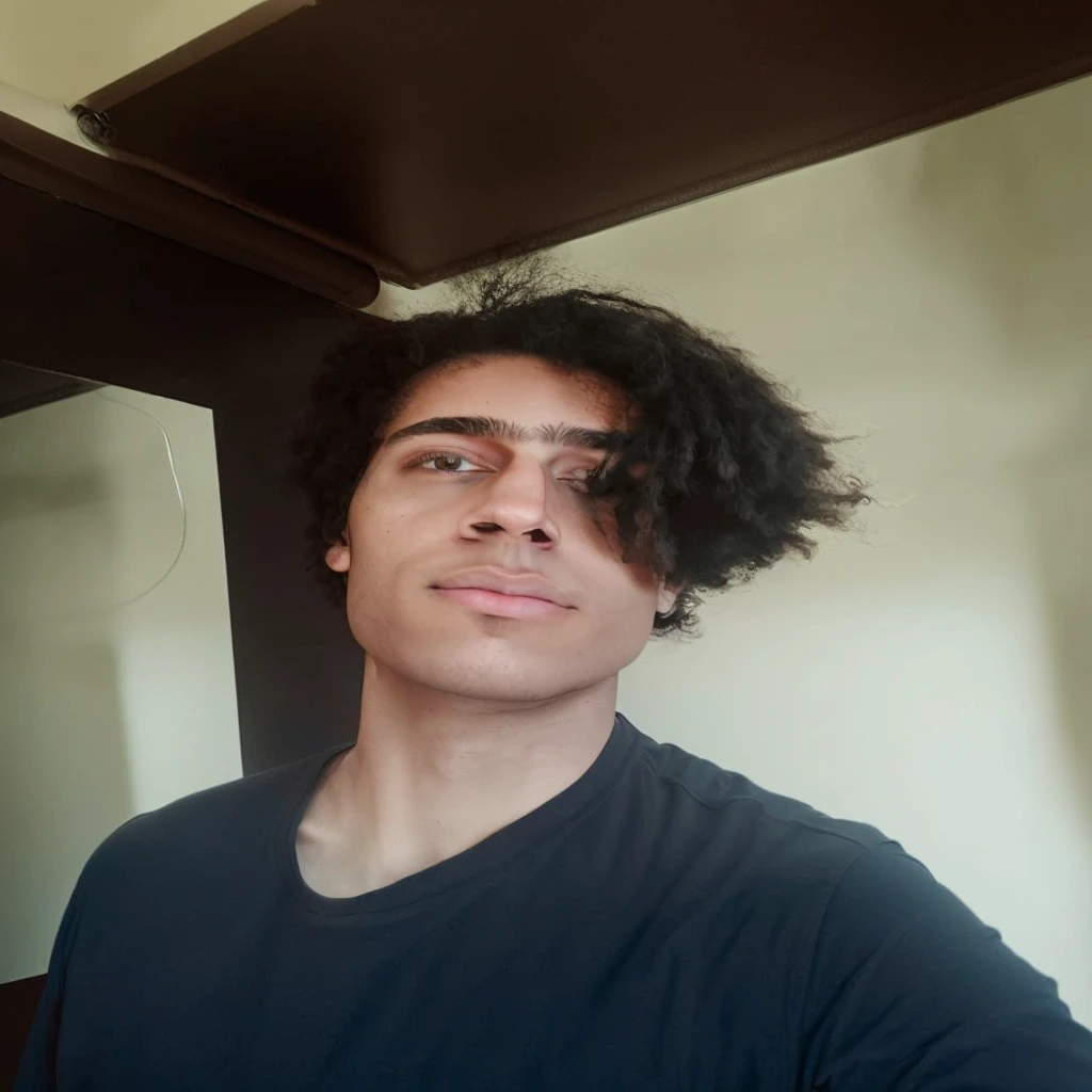 young man with a black t-shirt, seen from the side, in a sci-fi environment, and the neutral background
