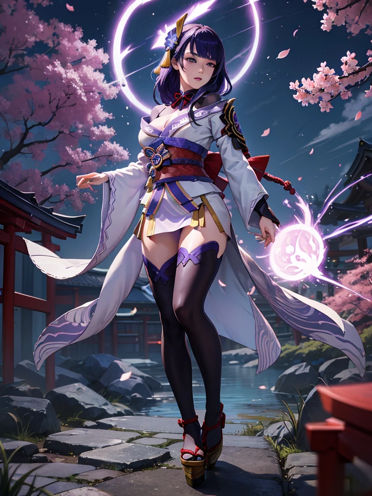 ((Full body image:1.4))Japanese Shrines, (Highest quality,Realistic,masterpiece:1.2,8k wallpaper:1.2),((Pale skin)),One Girl,women only,((raidenshogundef)),Lightning Particles,Purple Lightning,Light background,cherry blossoms,Purple Theme,Delicate facial features,Sexy and beautiful anime girls,General Raiden,Long purple hair,Rosy lips,Anime Mouth,shut up.,(Very sad face),large breasts