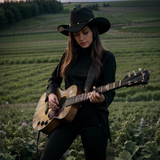 Kale, beautiful girl, cowboy hat, funny fingers, Make-up natural, in a skin-tight black outfit, natta, plays guitar, field with lights, hyper detail, mystical light full body light, farm, farm, with animals.