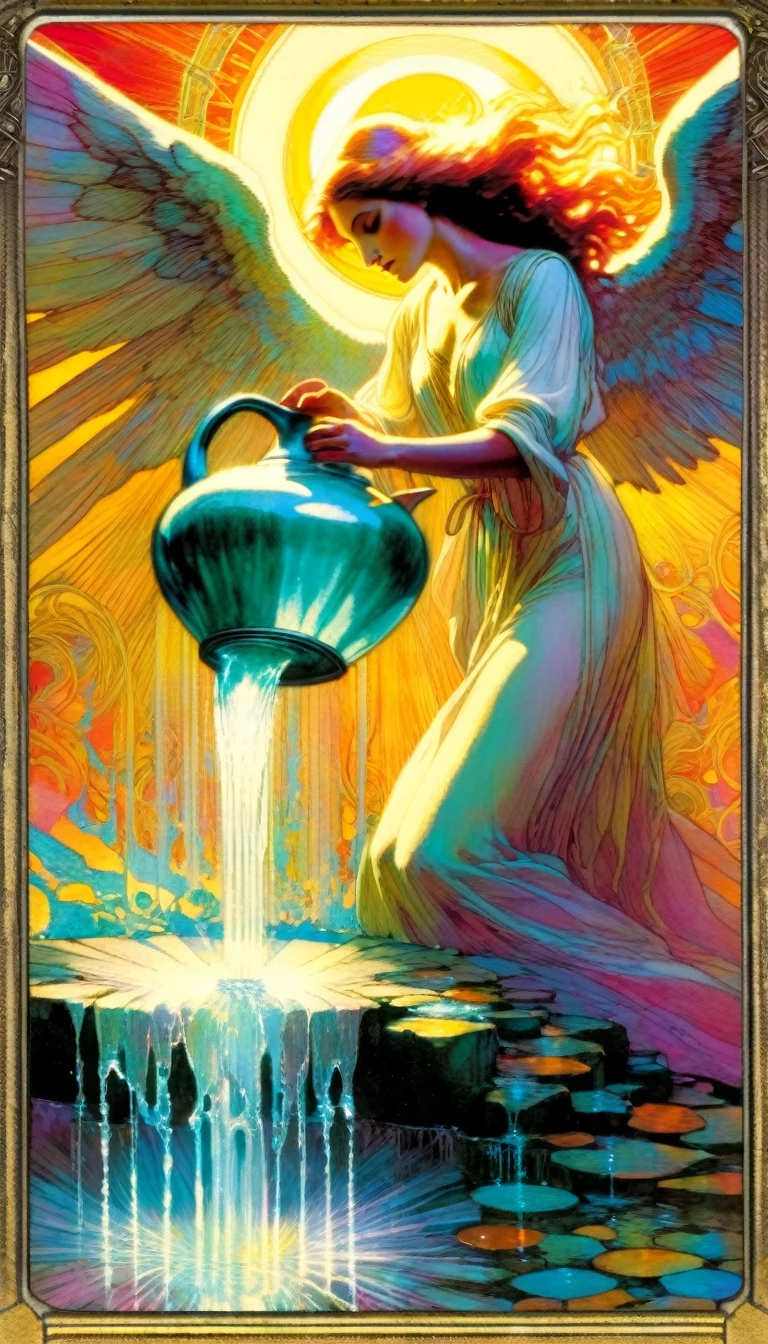 ((tarot card)) TEMPERANCE ((card frame)), angelic woman pours water from a jug, alone, work by Bill Sienkiewicz, vivid colors, intricate details, oil.
