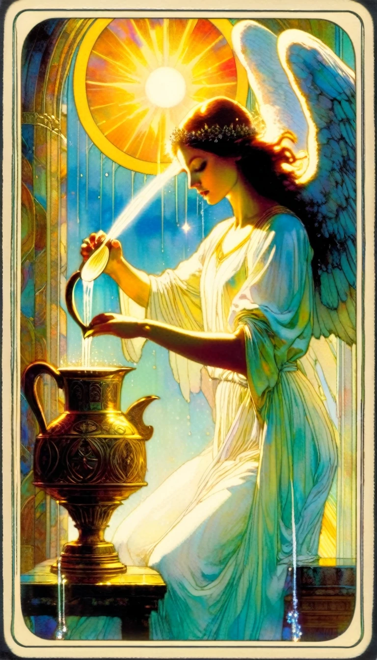 ((tarot card)) TEMPERANCE ((card frame)), angelic woman pours water from a jug, alone, work by Bill Sienkiewicz, vivid colors, intricate details, oil.
