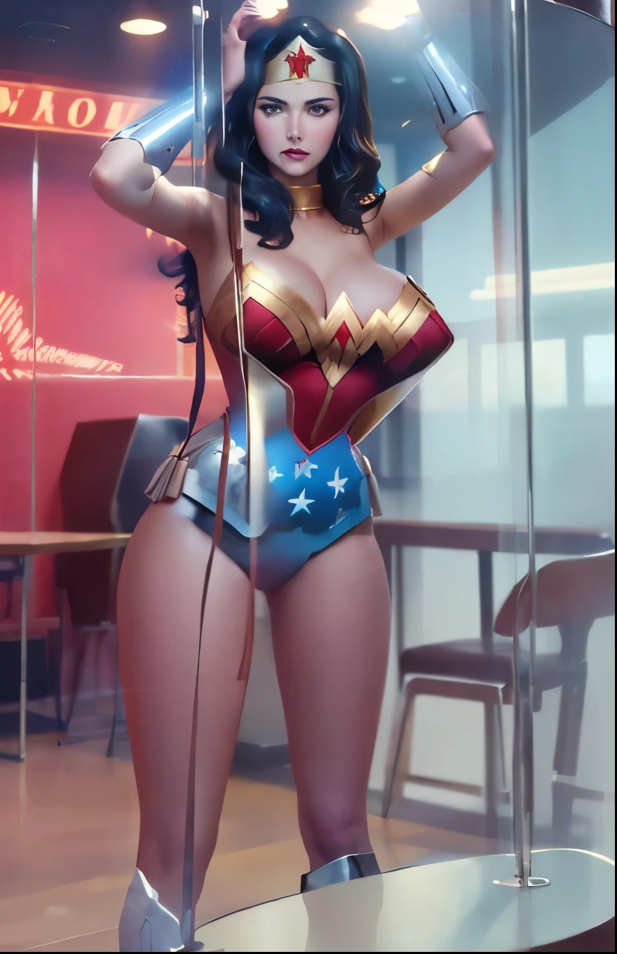 woman in a costume in a glass case, lynda carter wonder woman, wonder woman, waist, big breasts, , dressed as wonder woman, as a retro futuristic heroine, waist up, as a retro futuristic heroine, dorian cleavenger, queen in a glass prison, waist - up, , smallest waistline ever, detailed photograph,
